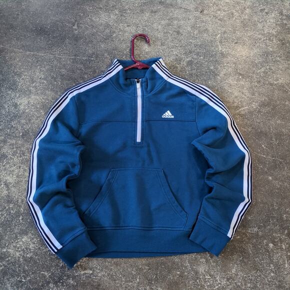 Adidas Crop Sweater Womens XS Blue Mock Neck Pocket Sweatshirt 1/4 Zip - Picture 1 of 8